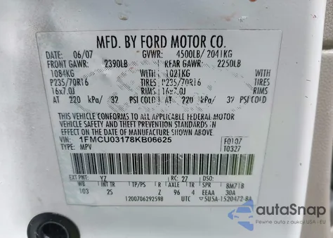 2008 Ford Escape Xlt from USA, damaged, VIN 1FMCU03178KB06625